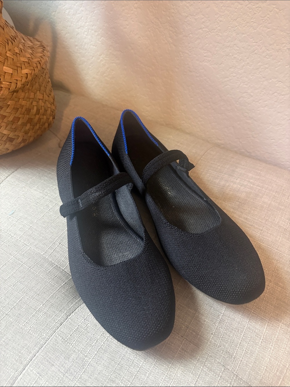 Rothy's Black Knit Mary Jane Flats with Blue Trim 7.5